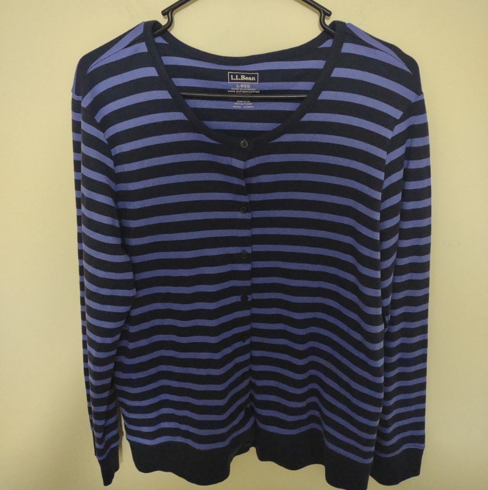 L.L. Bean blue and black striped long sleeve lightweight cardigan Size Large